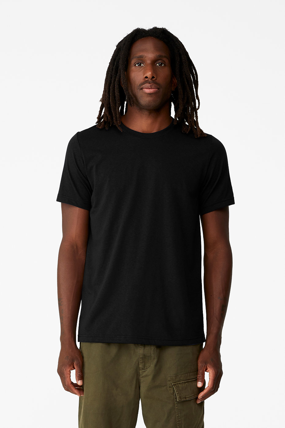 front view of a man in a black t shirt